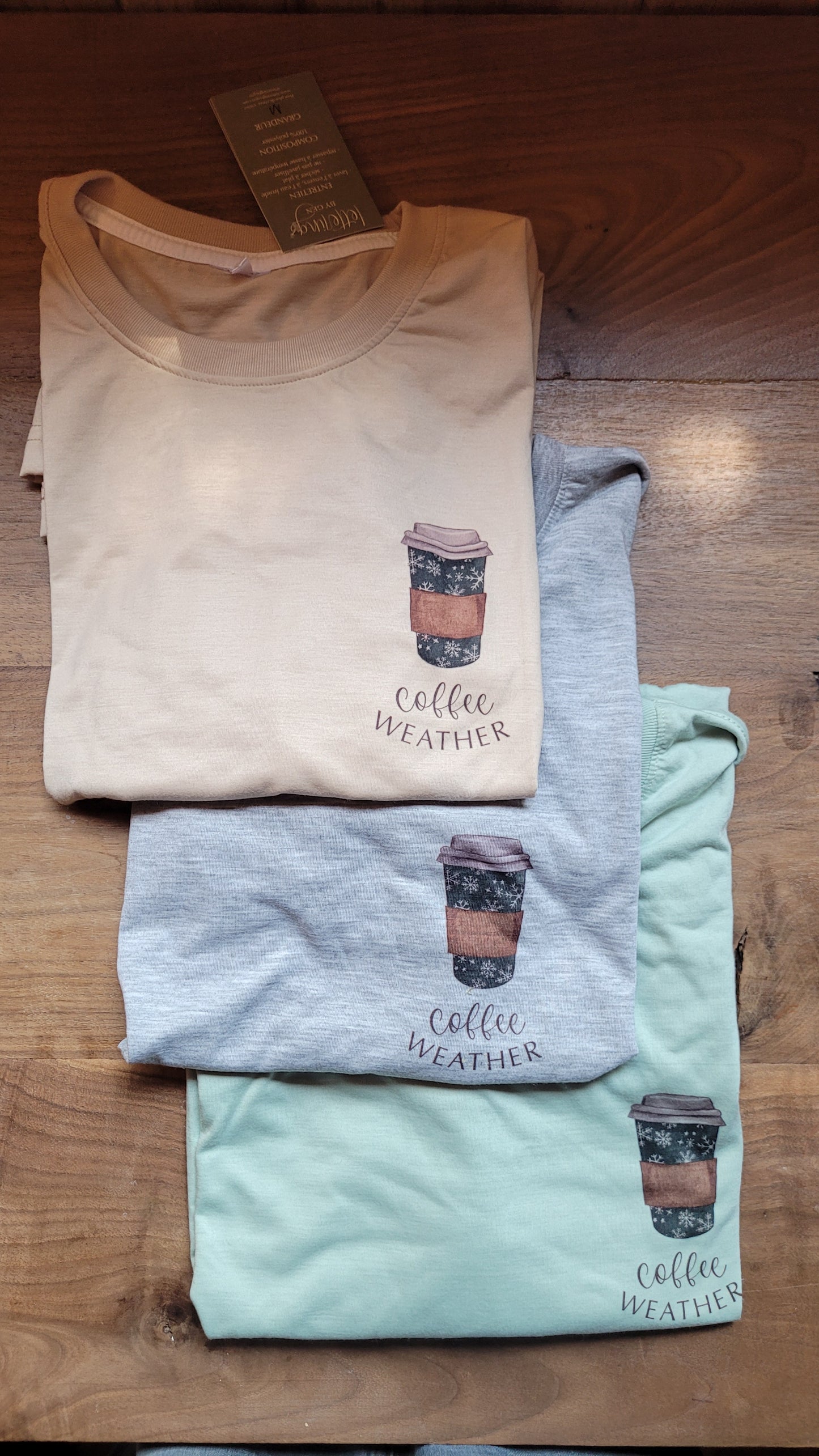 T-shirt small (gris et beige), coffee weather