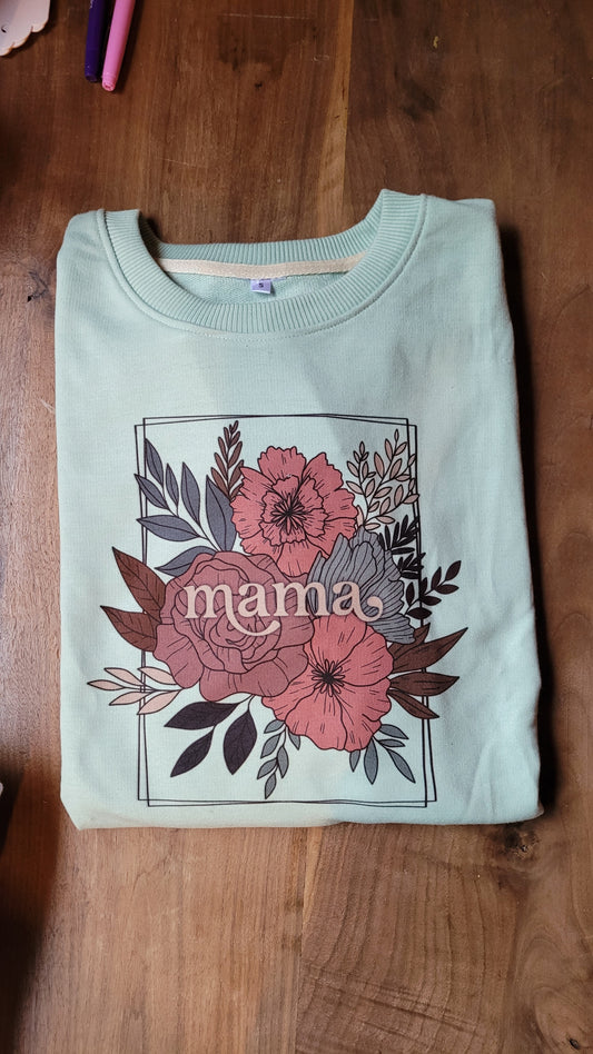 Crewneck small (sauge), mama avec encadré fleuri