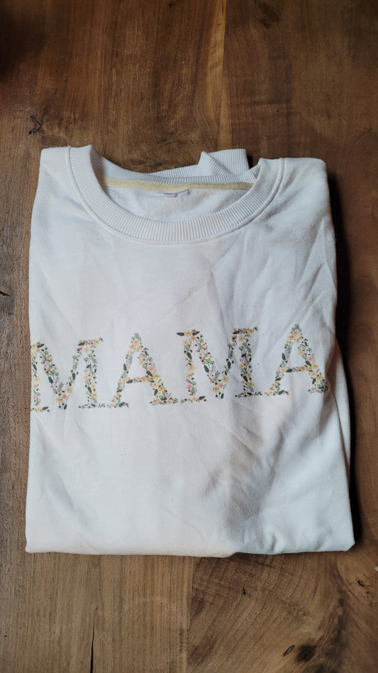 Crewneck x-large (blanc), MAMA fleuri, défaut