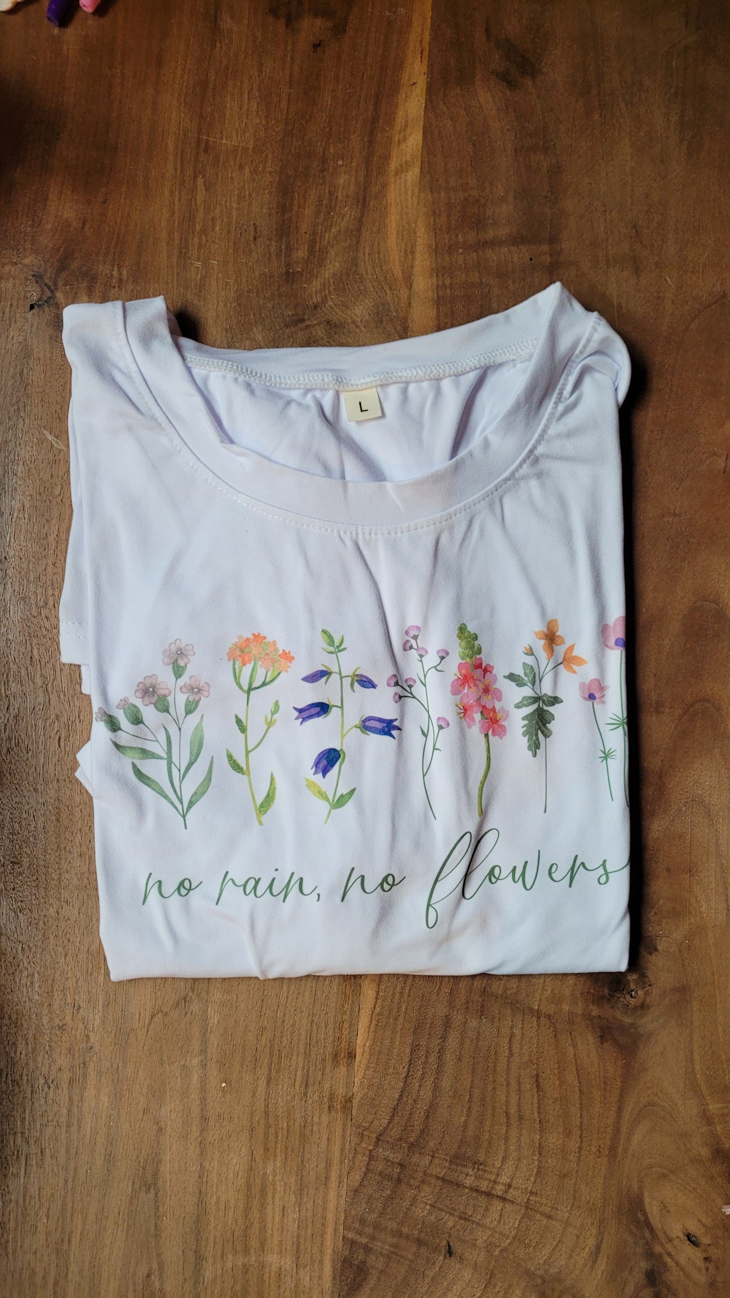 T-shirt large (blanc), no rain no flowers