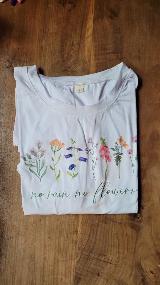 T-shirt large (blanc), no rain no flowers