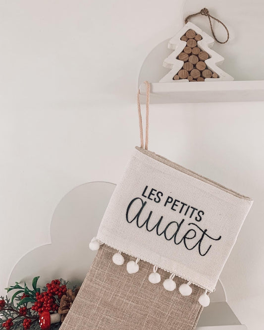 Bas de Noël en jute AVEC pompons - personnalisé avec prénom ou mot