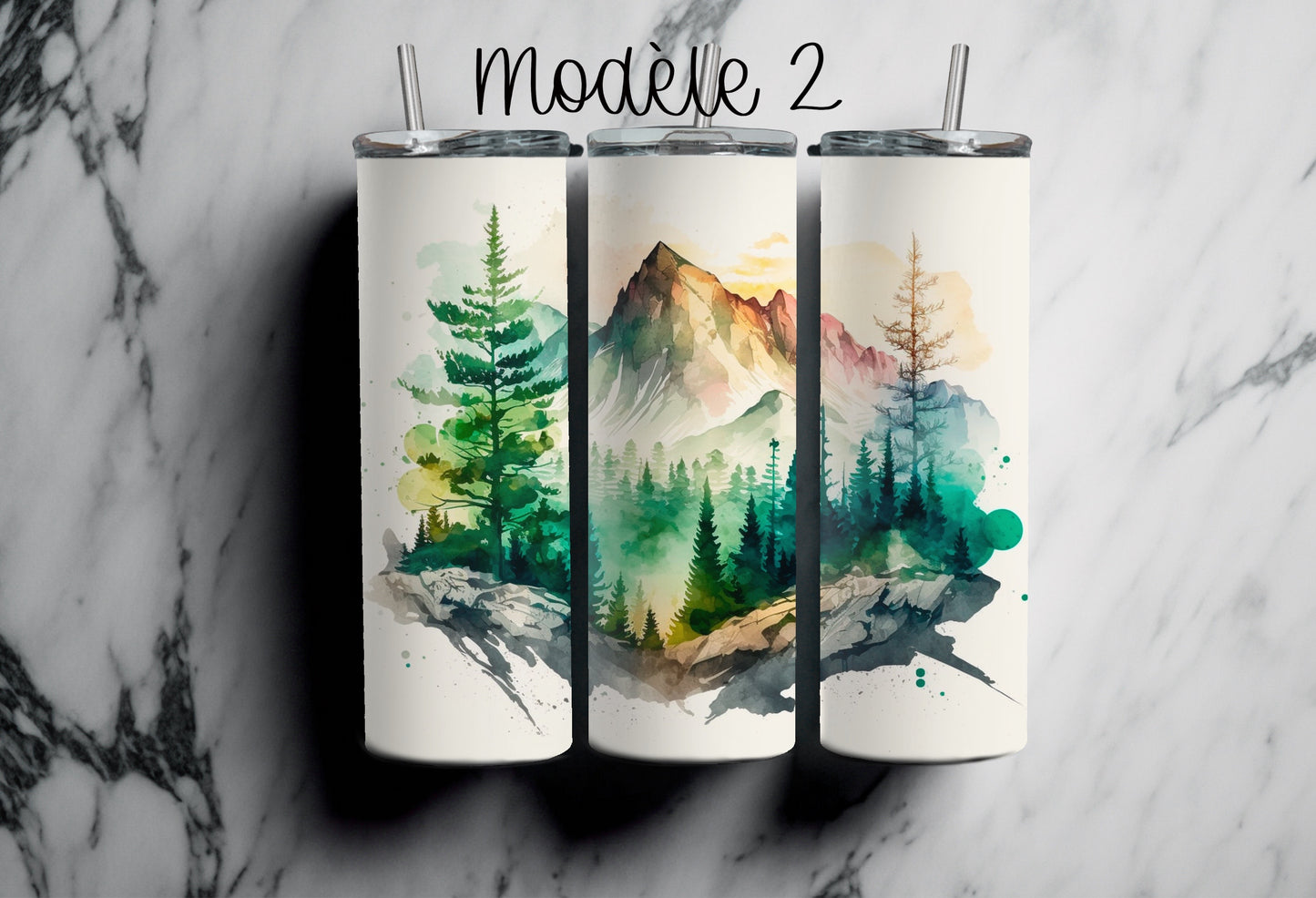 Paysages à l’aquarelle, montagnes et arbres, 4 modèles