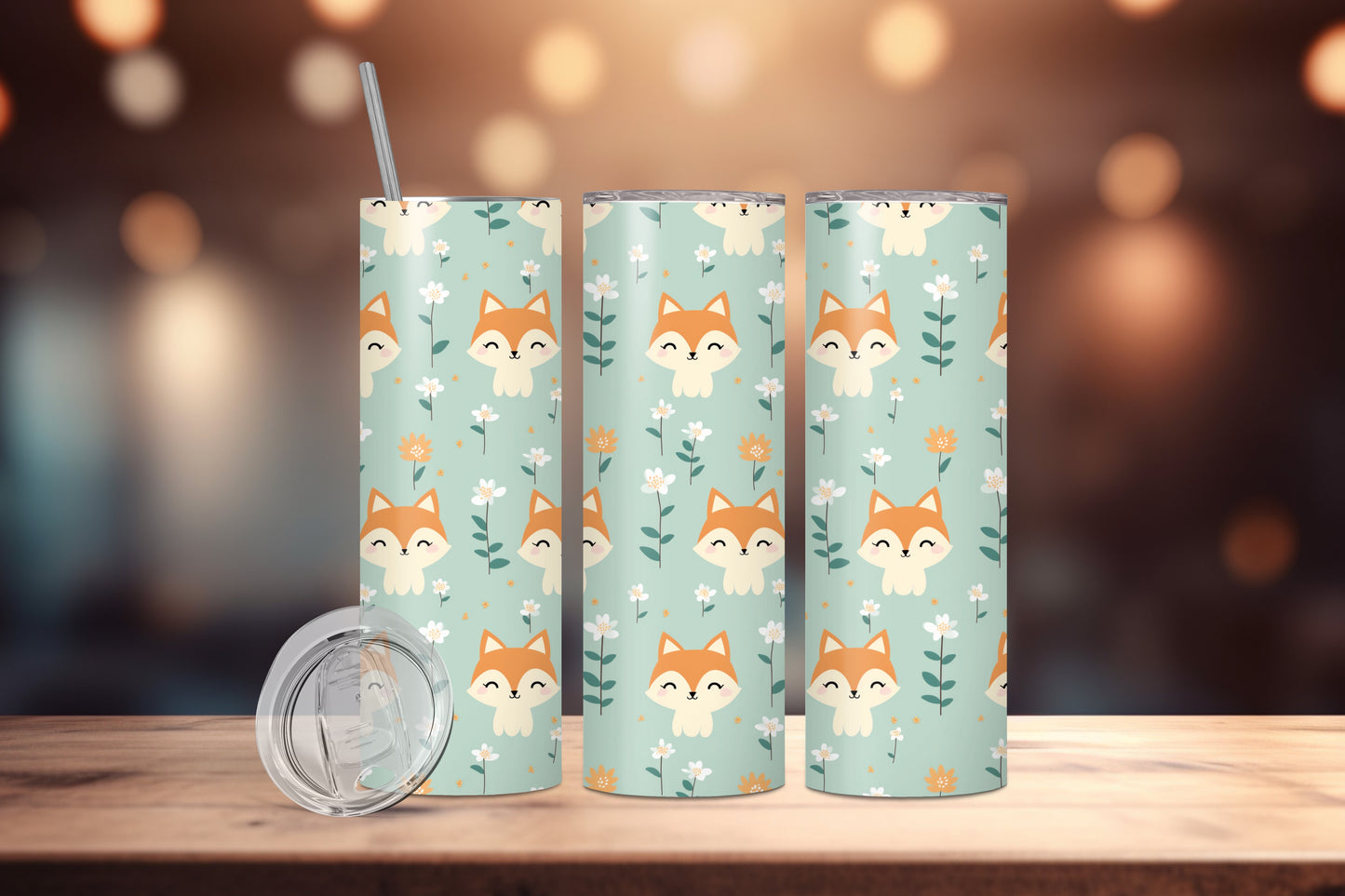 Petits renards et fleurs, fond turquoise